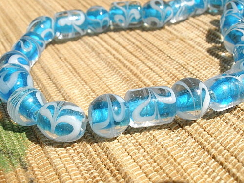 Clear aqua blue white swirl lampwork glass beads tube oval mix shape