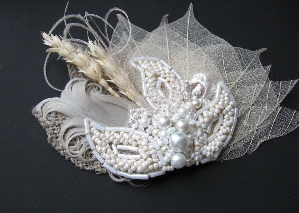 Natural burlap Wedding vintage inspired fascinator bridal hair accessory headpiece champagne nude latte wheat leaves lace feather lot pearls