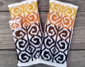 Wool Arm Warmers - Hand-knit Fingerless Gloves- Yellow and Brown Fingerless Mittens - Spring Accesories - Spring Yellow nO 68.