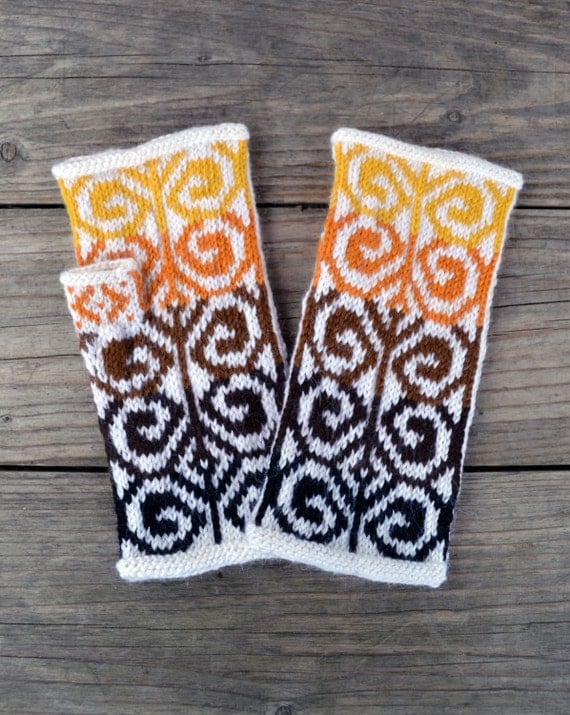 Wool Arm Warmers - Hand-knit Fingerless Gloves- Yellow and Brown Fingerless Mittens - Fall Winter Accesories nO 68.