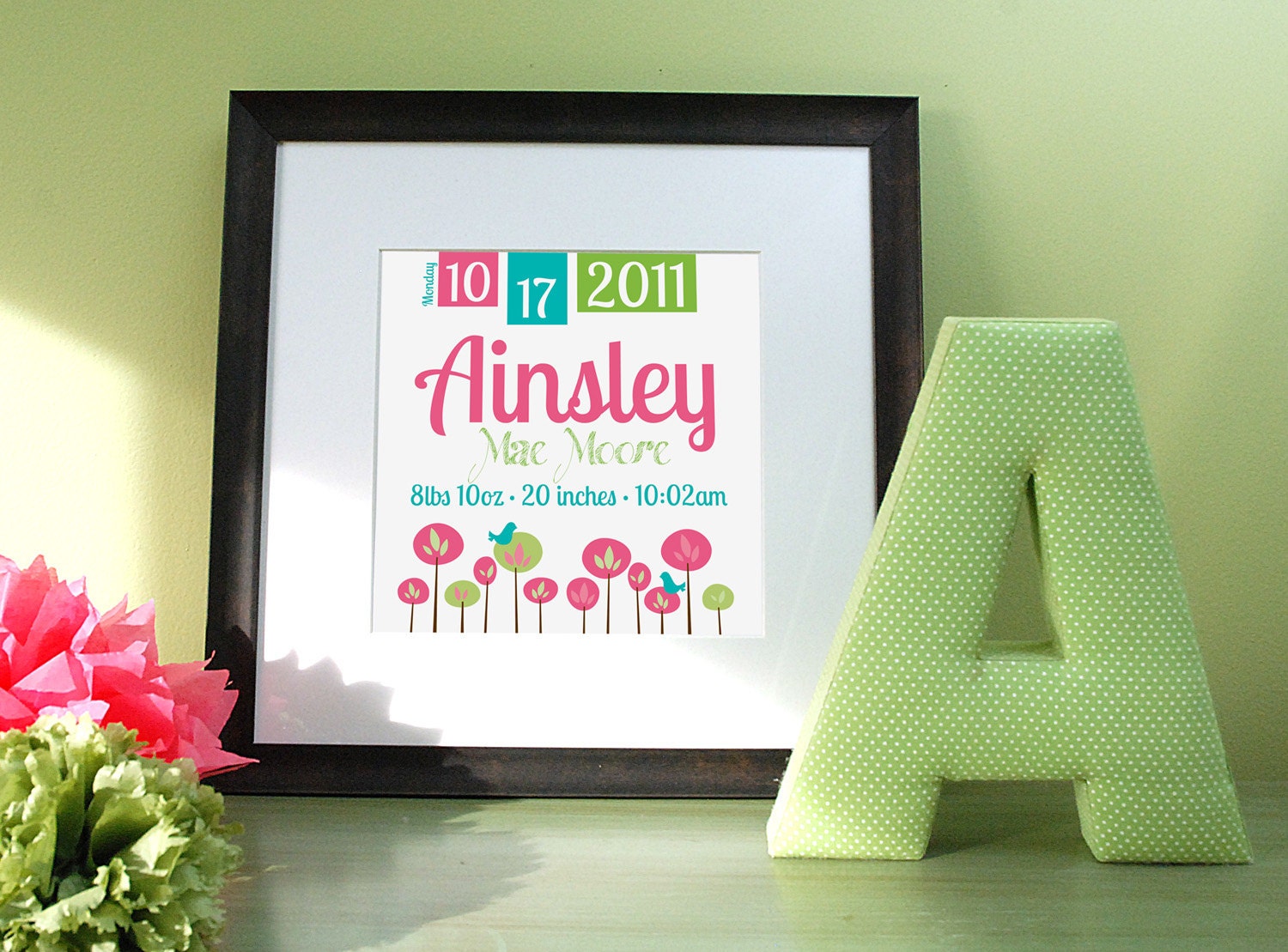 Nursery Wall Art, Birth Announcement decor, Newborn gift