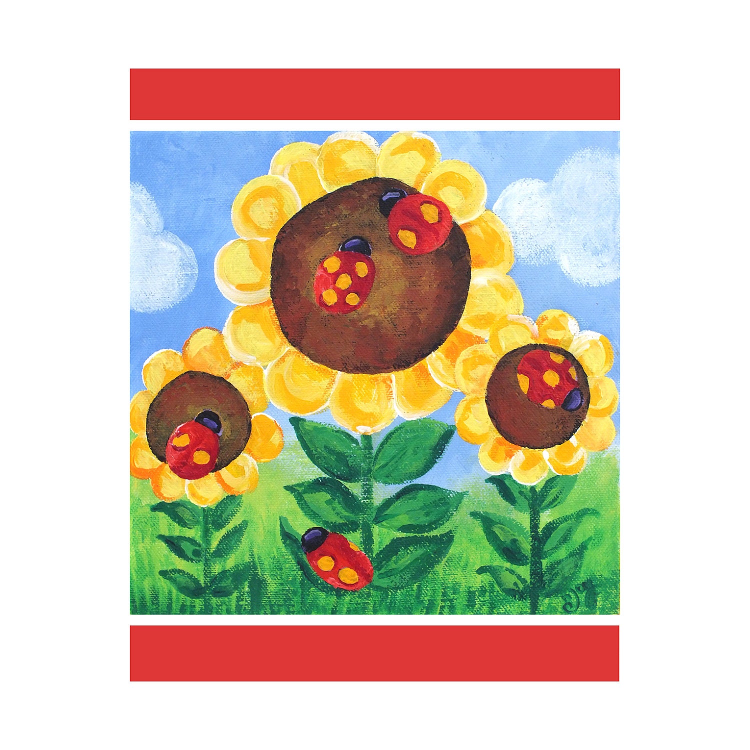 Girls Room Wall Art PRINT, LADYBUG SUNFLOWERS, 16x20, Floral Kids Wall Art, Nursery Decor