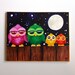 Childrens Wall Art, OWLS ON A FENCE, 14x11, Whimsical Owl Art for Nursery