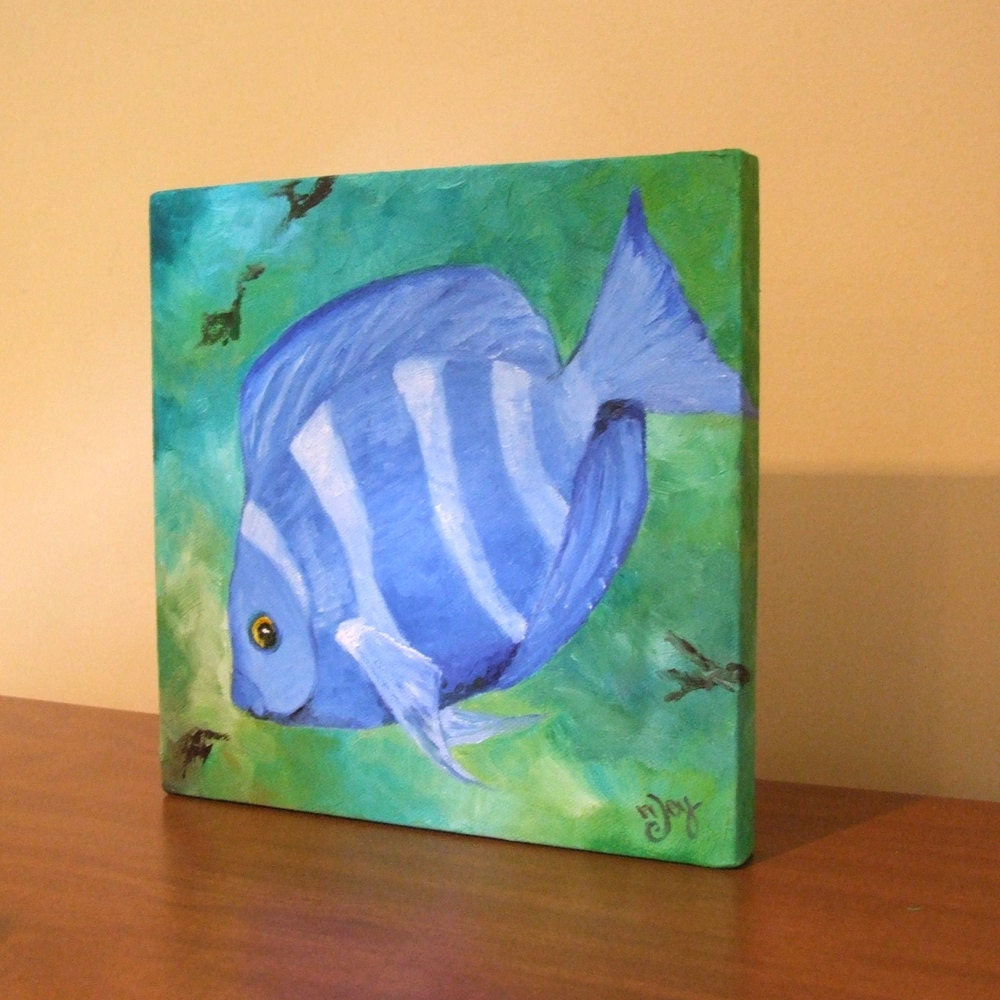 Tropical Fish Painting, BLUE TANG, 8x8 Canvas, Tropical Art, Beach Decor