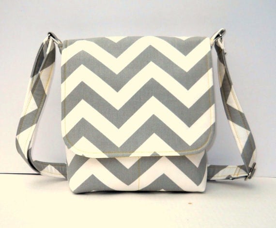 Small Messenger Bag Cross Body Shoulder Bag - Gray Chevron Zig Zag with Yellow