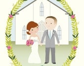Wedding Cartoon Chapel Portrait (full length, with custom text or initial)