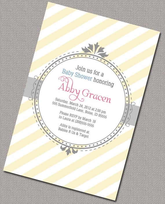 Neutral Baby Shower Invitations - Invite - Yellow Gray Stripes - 974