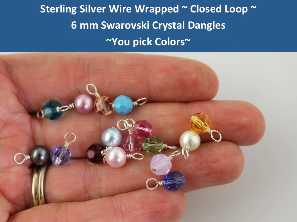 24 CLOSED LOOP  sterling silver wire wrapped Swarovski 6mm crystal or pearl round dangles- charms- drops- for bracelets, necklaces, earrings