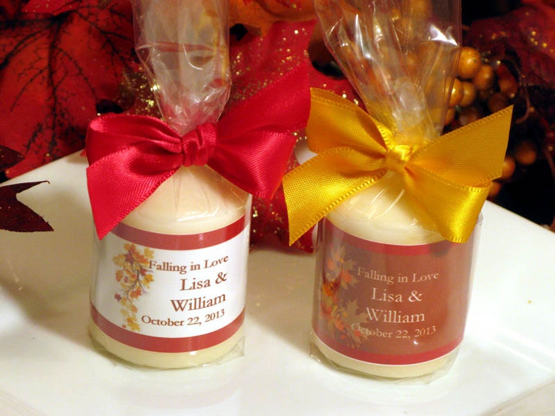 personalized AUTUMN FALL wedding candle votive favors - with SATIN ribbon