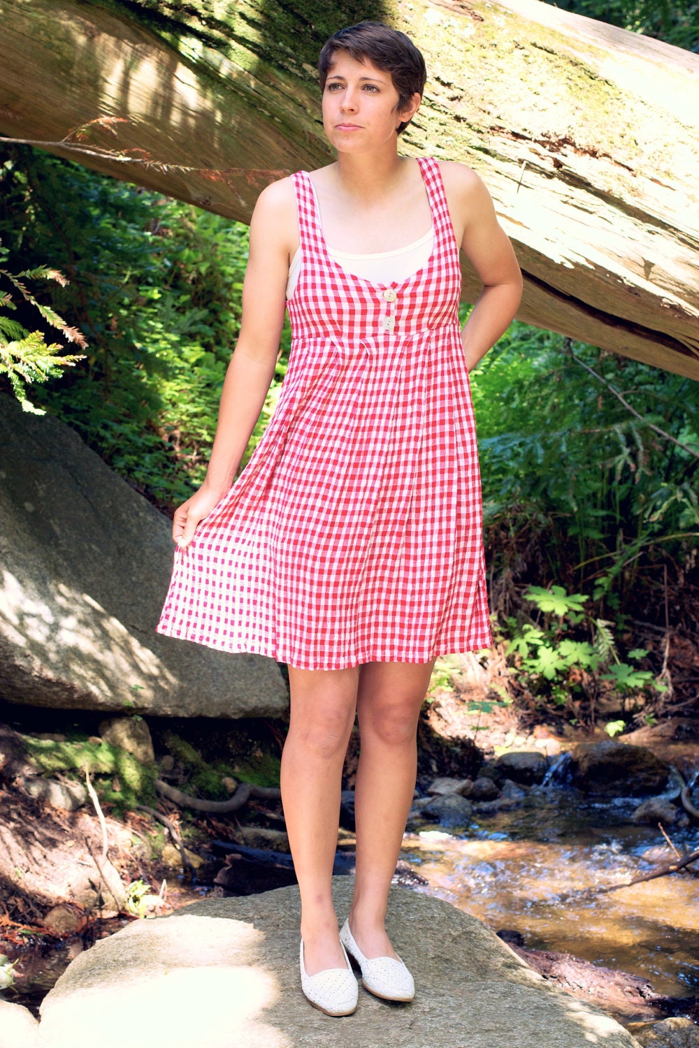 vintage womens 90's gingham mini dress, small medium red white