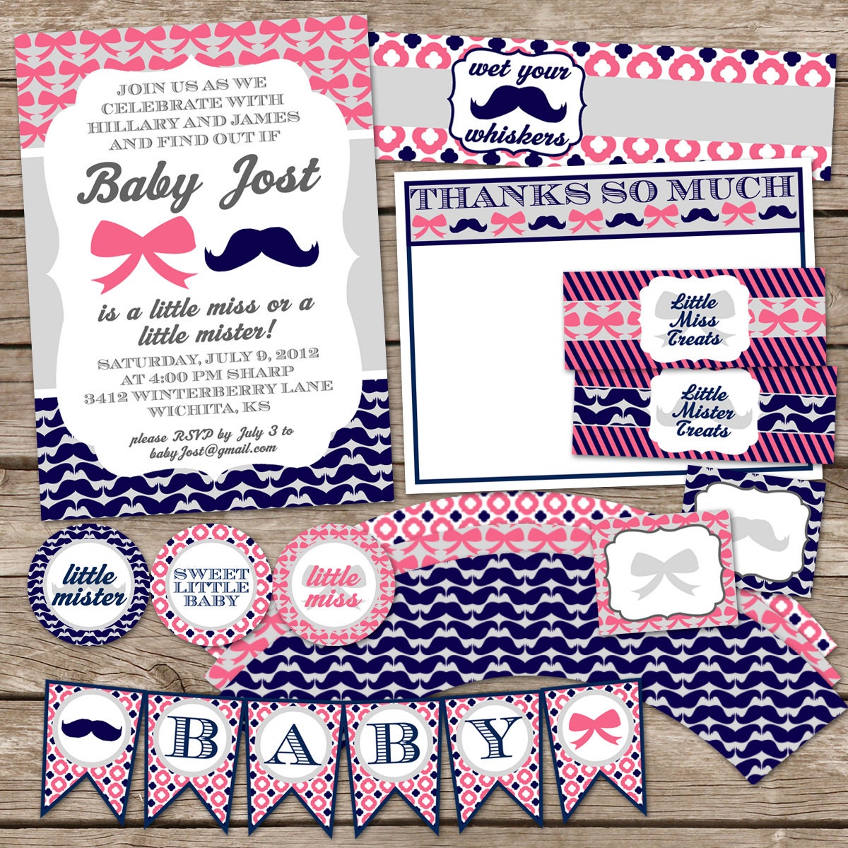 Gender Reveal Little Miss Mister Party Pack PDF (Invitation, Cupcake Topper/Wrapper, Bottle/Food Label, Thank You, Treat Bag, Banner) Il_570xn