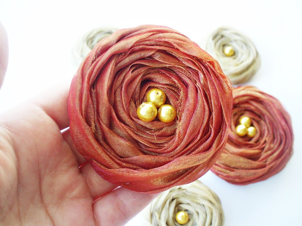 Fall Collection "Mustard & Brown" Chiffon Roses Handmade Appliques Embellishments(5 pcs)