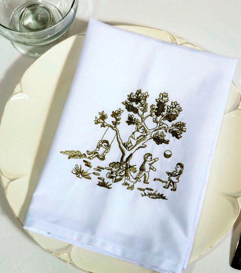 Dinner Napkins , Toile Children & Tree Scene Custom Cloth Dinner Napkins Perfect for Gift Giving, Set of 2, Custom Colors Available