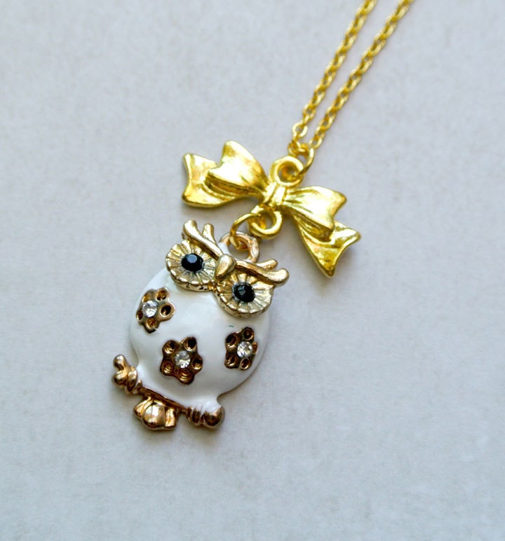 White Owl Necklace ,Rhinestone Jewelry, owl Necklace