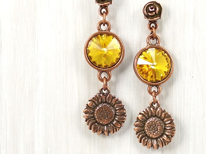 Sunflower Jewelry Copper Earrings Swarovski Crystal Jewelry Golden Yellow and Copper Jewelry Fall Summer Autumn