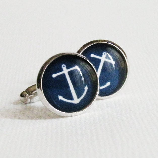 Anchor Cuff links in Navy Blue and Silver - Nautical Beach Wedding - cufflinks for Groom Best Man Groomsmen Wedding Party or Navy Man