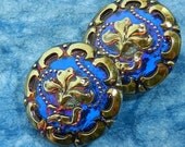 Blue Art Glass Button with Gold Embellishments Flower Floral Blossom Bloom Sewing Clothing Costume