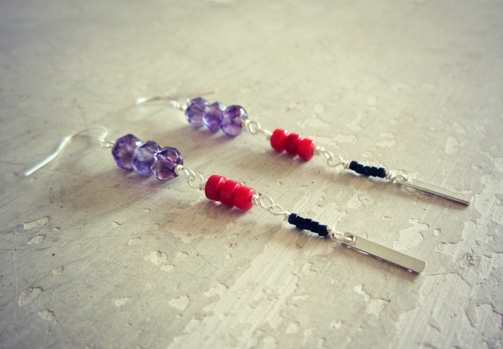 Dangle Earrings // Amethyst // Coral // Glass Seed Beads // Sterling Silver