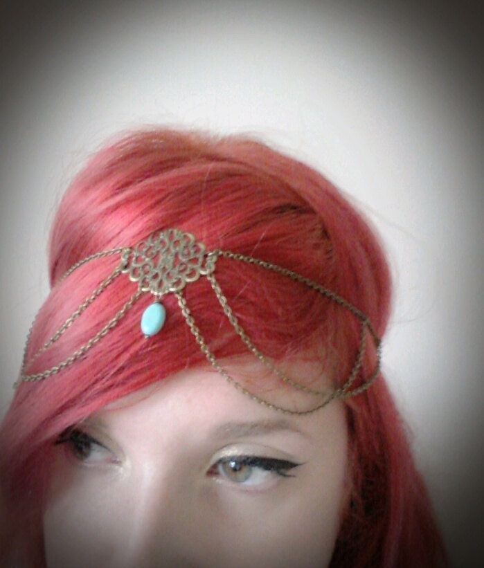 Chain Headpiece Boho Head Jewlry Bohemian Headband Boho Jewelry Boho Chic Bohemian Floral Center Turquoise Head Jewelry Gypsy Headpeice