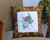 Maine pine cone pillow,  vintage embroidery, cabin, cottage, farmhouse decor -- a keepsake gift. Includes pillow form.