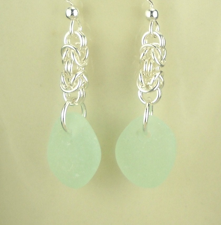 Eco Friendly Earrings GENUINE Sea Glass Aqua Silver Handmade Chainmaille