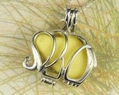 Sea Glass Necklace Elephant Locket Yellow Milk Glass