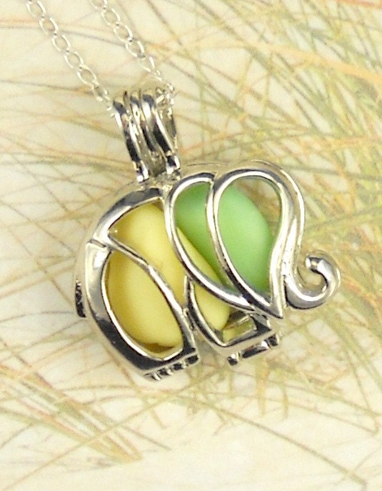 GENUINE Sea Glass Necklace Elephant Locket  Green And Yellow Milk Glass