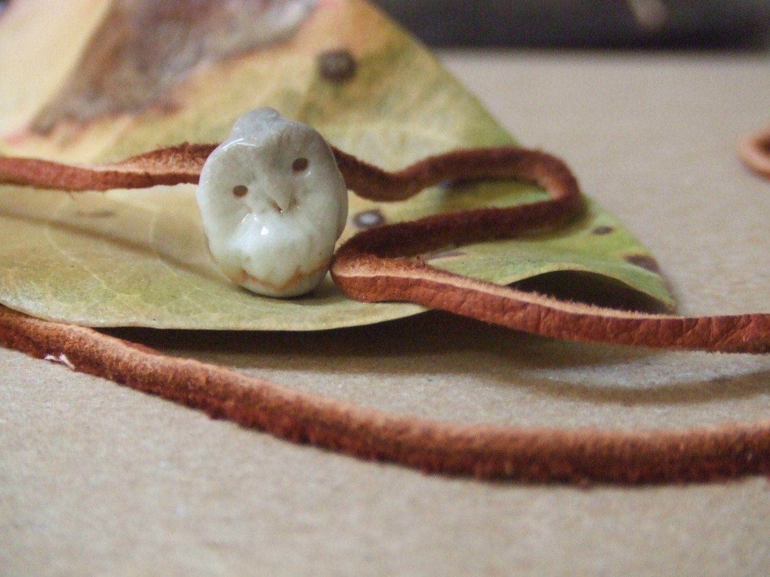 Tiny Owl Necklace // handmade porcelain bead and leather