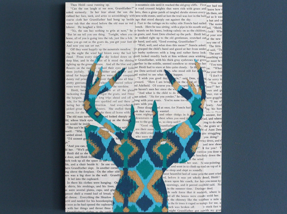 Ikat Deer Head Silhouette in Turquoise, Blue, and Gold, Deer Art, Deer Head With Antlers Over Vintage Book Pages, Woodland Wall Art, 9x12
