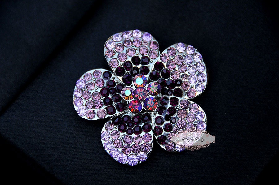 RD252 Purple Lavender Large Flower Rhinestone Brooch Pin Crystal Metal Embellishment Broach DIY Wedding Bridal Bouquet flower hair