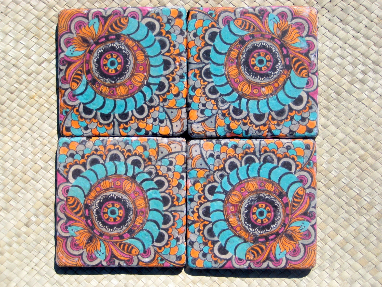 TILE COASTERS HANDMADE  with original artwork-set of 4 turquoise orange magenta