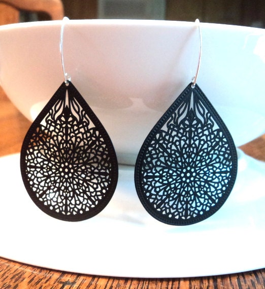 Black sexy tear drop laser cut filigree drop dangles on handcrafted sterling silver ear-wires.  Statement Earrings.