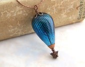 Blue hot air balloon necklace with a copper gondola below - hot air balloon jewelry - steampunk jewelry