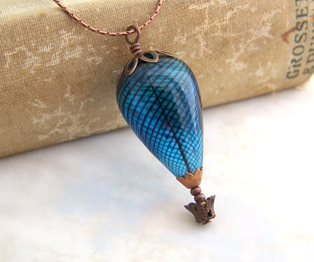 Blue hot air balloon necklace with a copper gondola below - hot air balloon jewelry - steampunk jewelry
