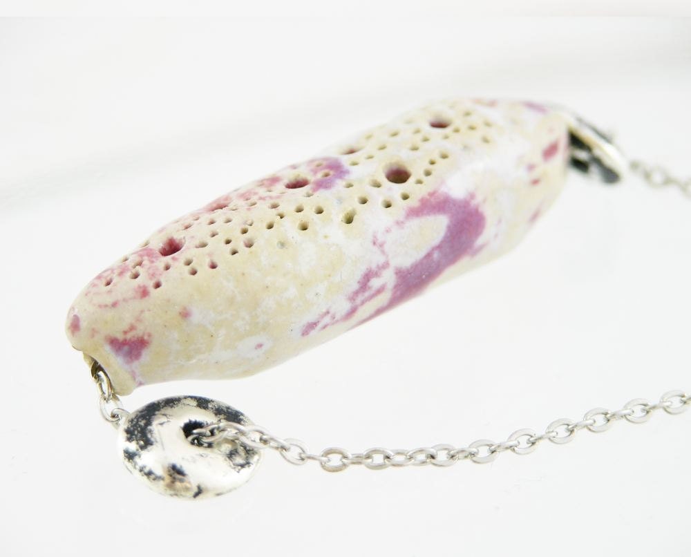 necklace choker ceramic on silver chain organic fungi craters modern nature magenta sand sea beach free shipping