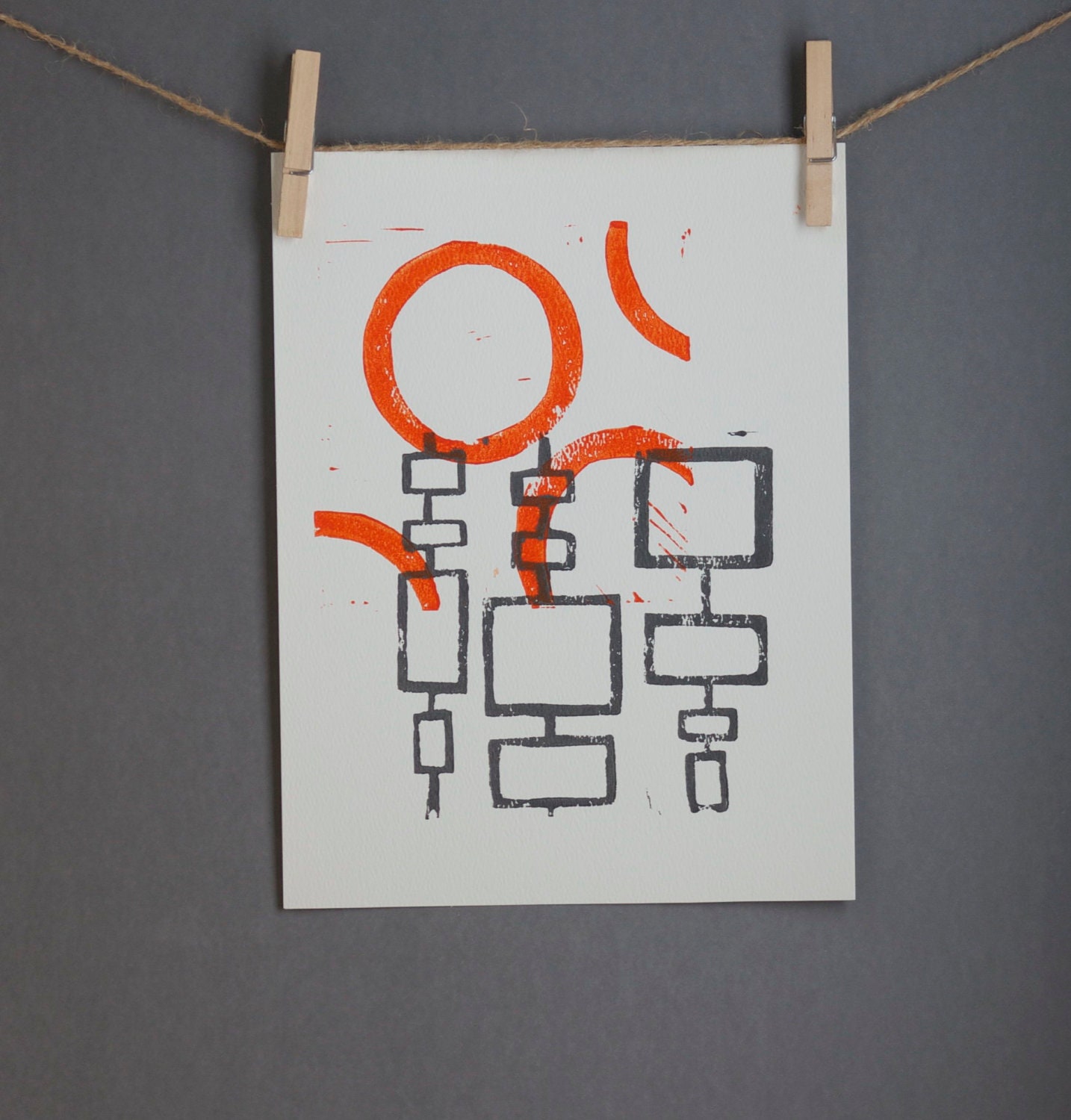 Orange and Gray Abstract Mid Century Modern Print 9x12