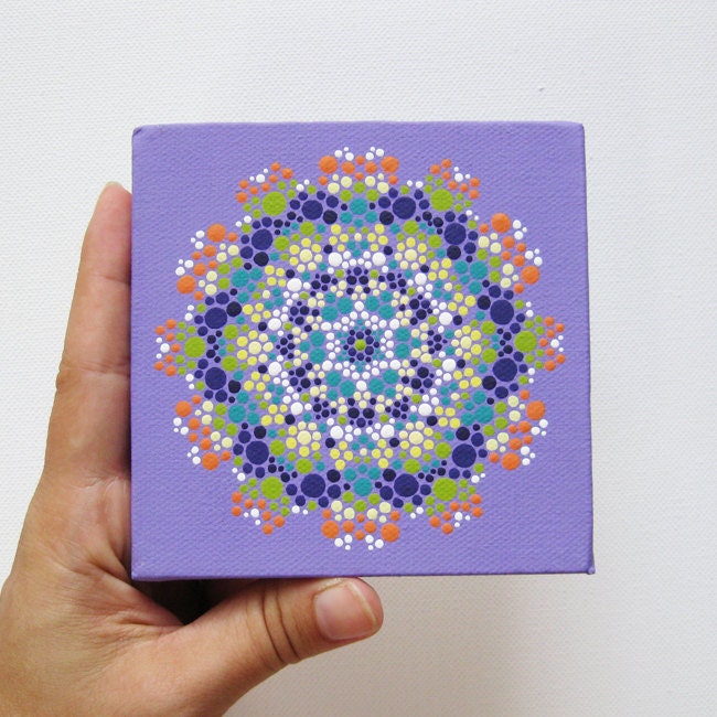 Lavender Mandala Painting on Canvas - 4 x 4 Hand-Painted Mandala - Original Acrylic Painting on Canvas - Tiny Painting