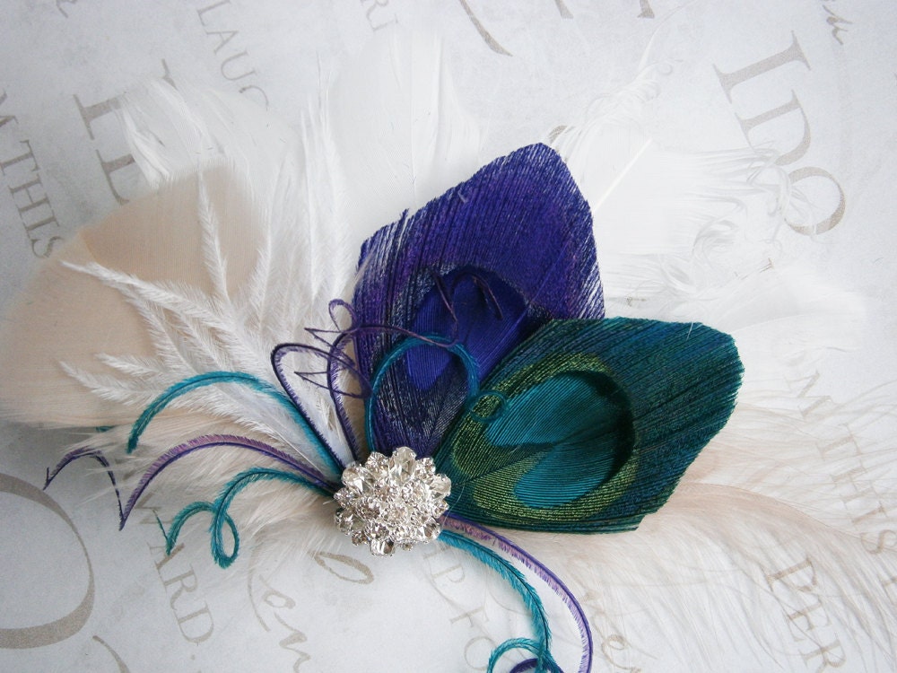 Peacock Wedding Feather, Hair Accessories, Feather Hair PIece, purple, teal, peacock, feather hair clip - TEAL and PURPLE FANTASIES