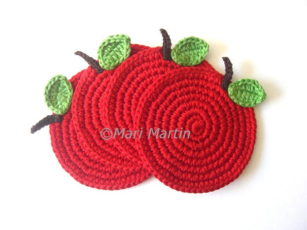 Red Apple Crochet Coasters . Apple Season Cherry Wine Carmin Scarlet Beverage Green Passion Tomato Natural Benefits Curative Properties - MariMartin