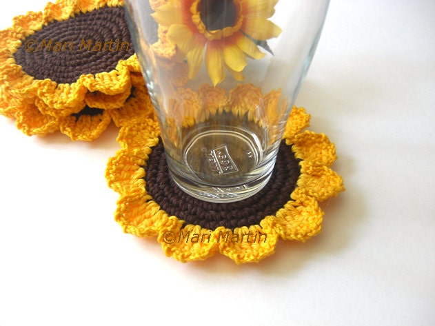Crochet Coasters Daisies . Brown Yellow Flowers Coffee Tea Beverage Spring Decor Crochet Daisy Collection - Set of 4 Made to order