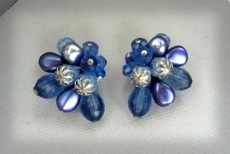 Rich Pearlescent Blue Bead Vintage Earrings - Signed W. Germany