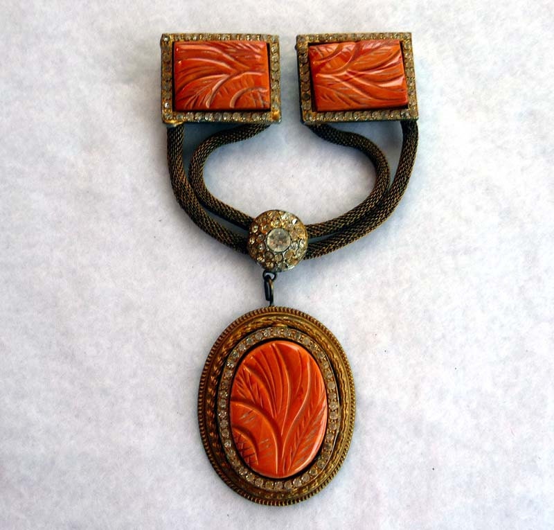 Orange Bakelite and Rhinestone Mesh Art Deco Cloak Clasp