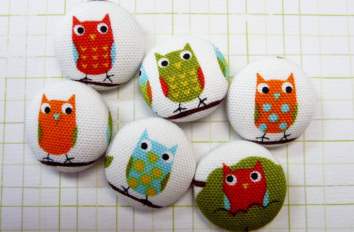 6 white funky owls handmade fabric covered buttons 7/8 inches 22mm