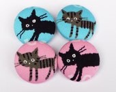 4 baby blue and pink kawaii Japanese cats kittens handmade fabric covered buttons 1 1/8 inches