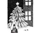 Christmas Tree and Star  - December girl original art ink drawing