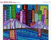 SALE ENDING - 11x14 Cityscape Print Brooklyn Bridge New York City Art Poster of Painting