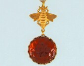 Gold Tone Brass Bee Necklace with Honey Colored Glass Stone
