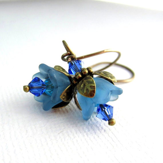 Blue Lucite Flower Earrings. Lucite Flower Jewelry. Light Blue Bells with Antique Brass and Swarovski Crystals