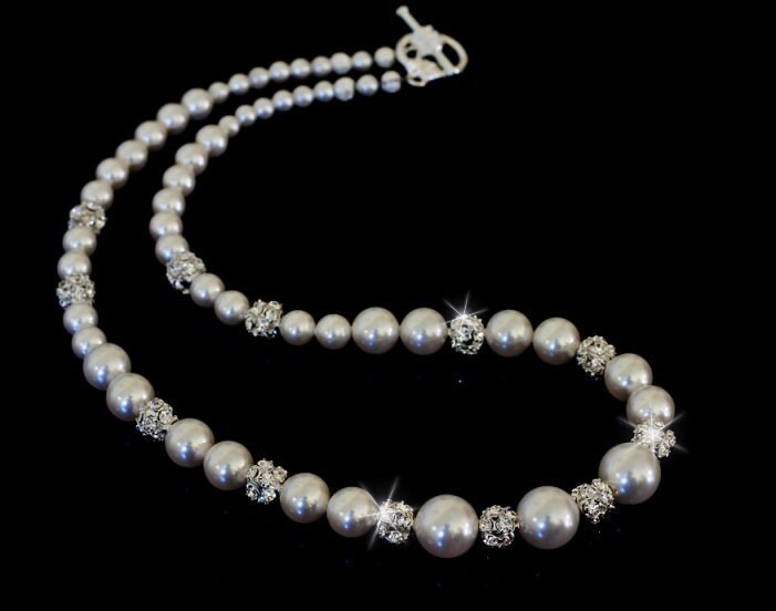 Wedding Bridal White Swarovski Pearls and Rhinestones Necklace - pick your pearl color, Bridal Jewelry, Wedding Accessories
