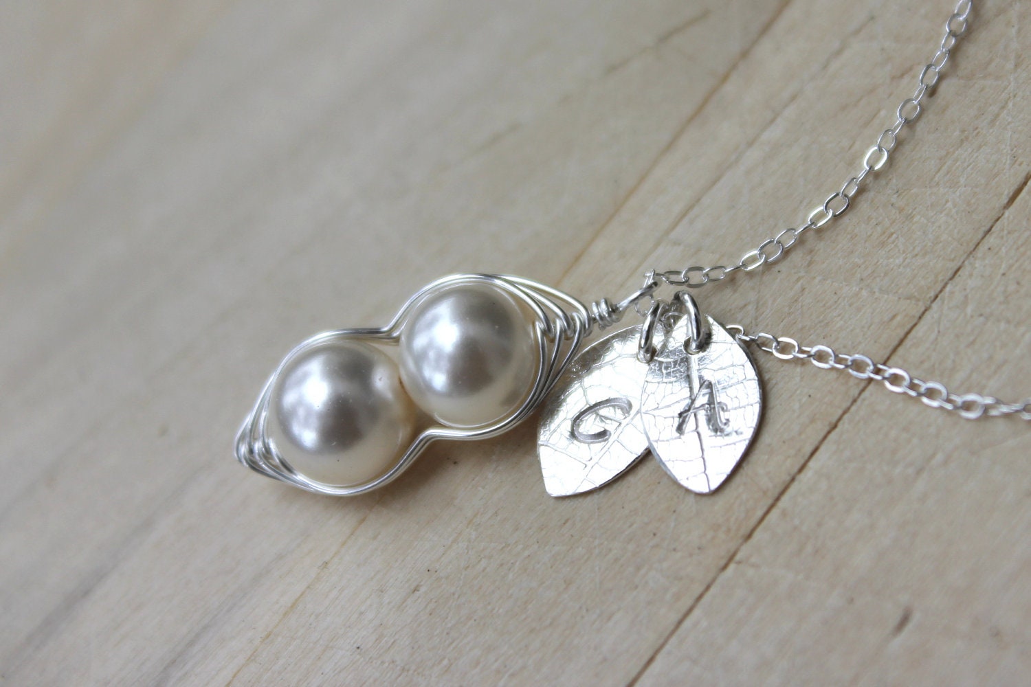 Peas in a Pod Sterling silver Necklace - 2 ivory pearls PICK INITIALS hand stamped